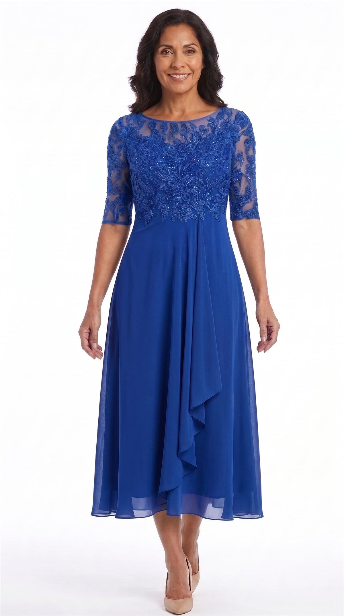 Vestido Celia | Encaje y gasa en azul real, de frente