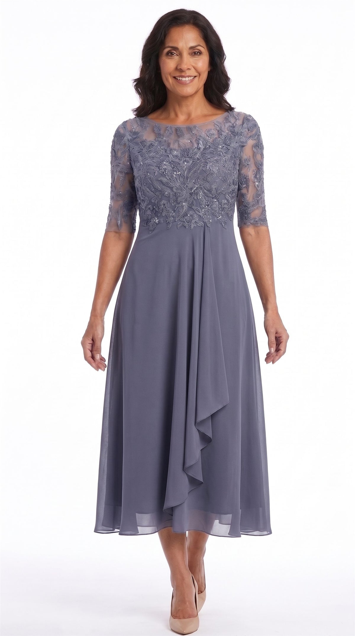 Vestido Celia | Encaje y gasa en gris lavanda, de frente