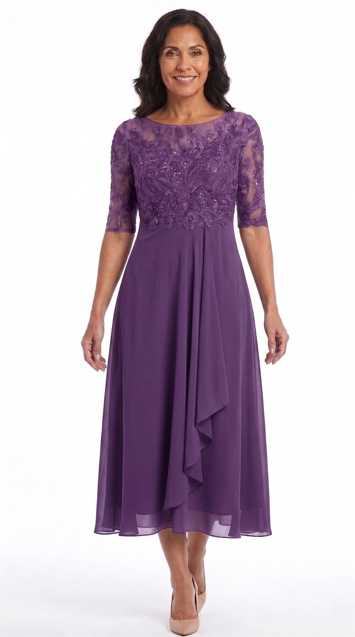 Vestido Celia | Encaje y gasa en morado, de frente