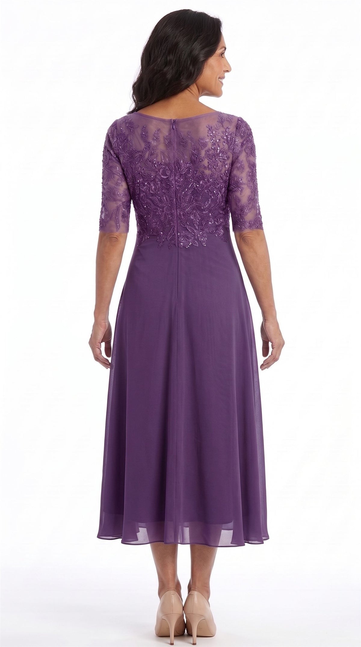 Vestido Celia | Encaje y gasa en morado, de espaldas