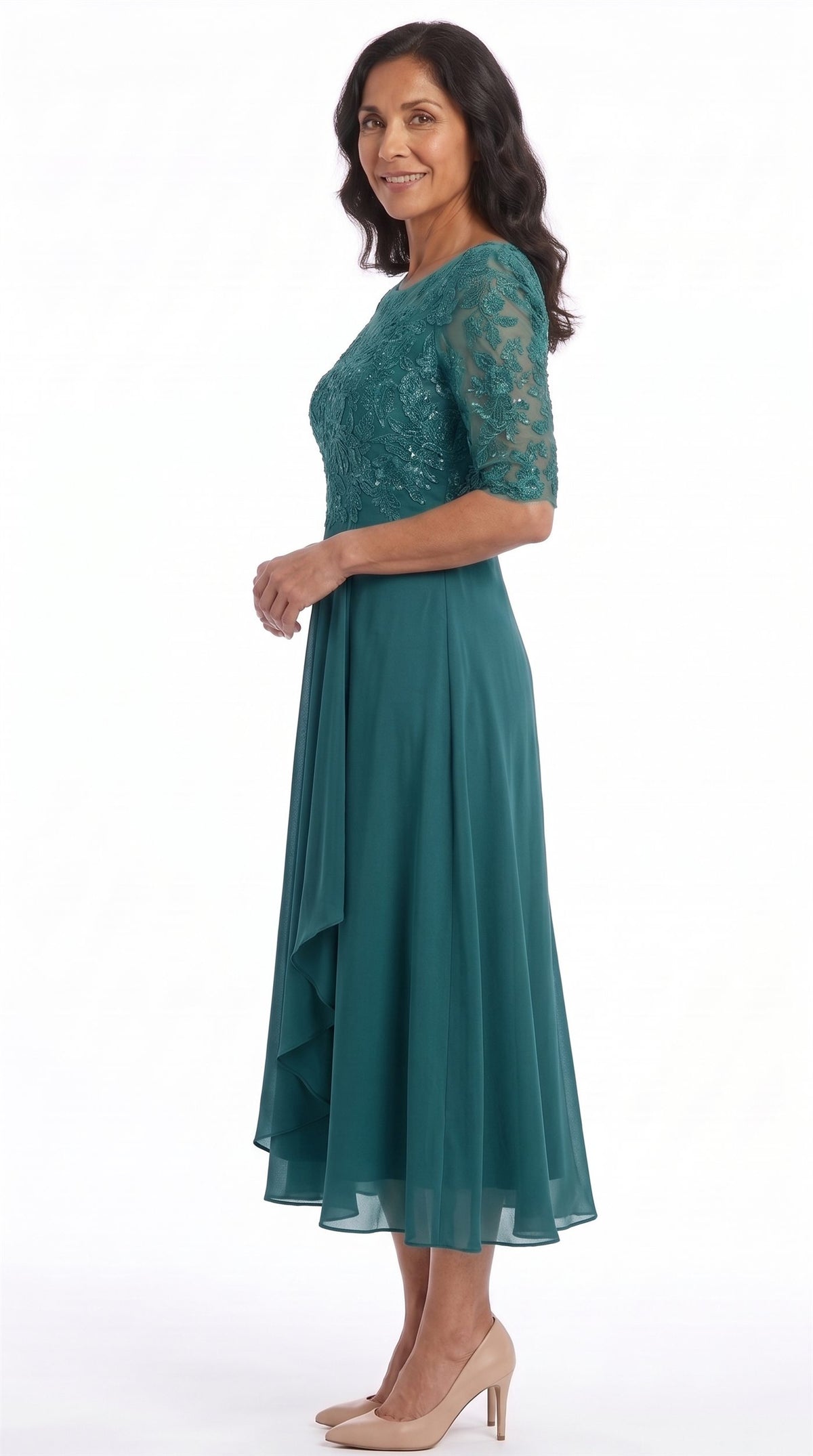 Vestido Celia | Encaje y gasa en verde azulado, de lado