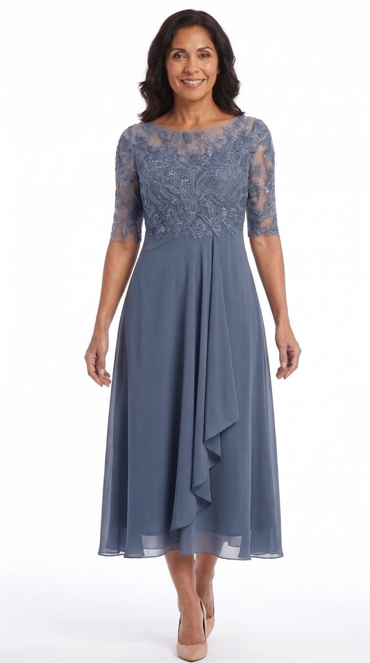 Vestido Celia | Encaje y gasa en azul empolvado, de frente