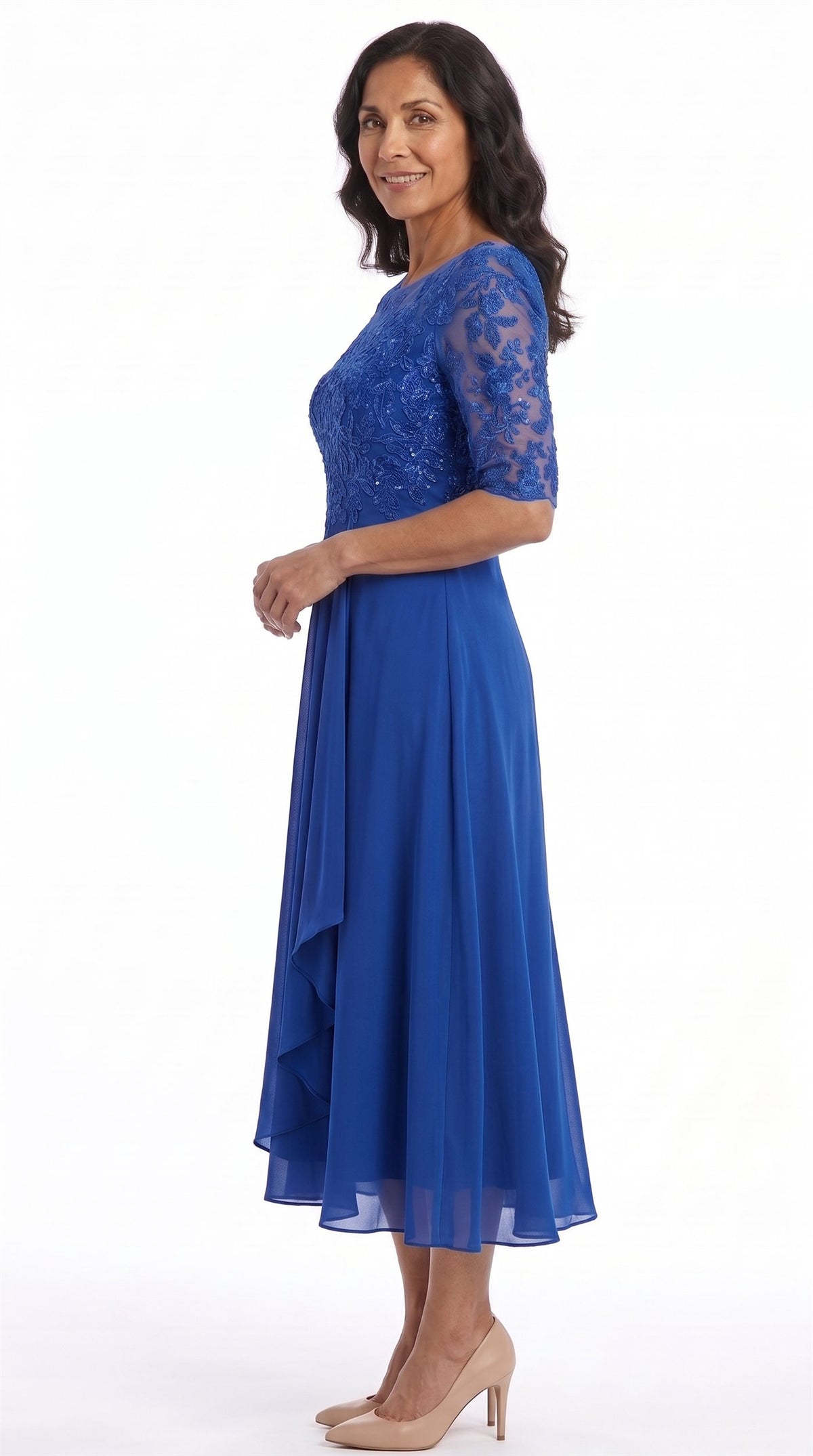Vestido Celia | Encaje y gasa en azul real, de lado
