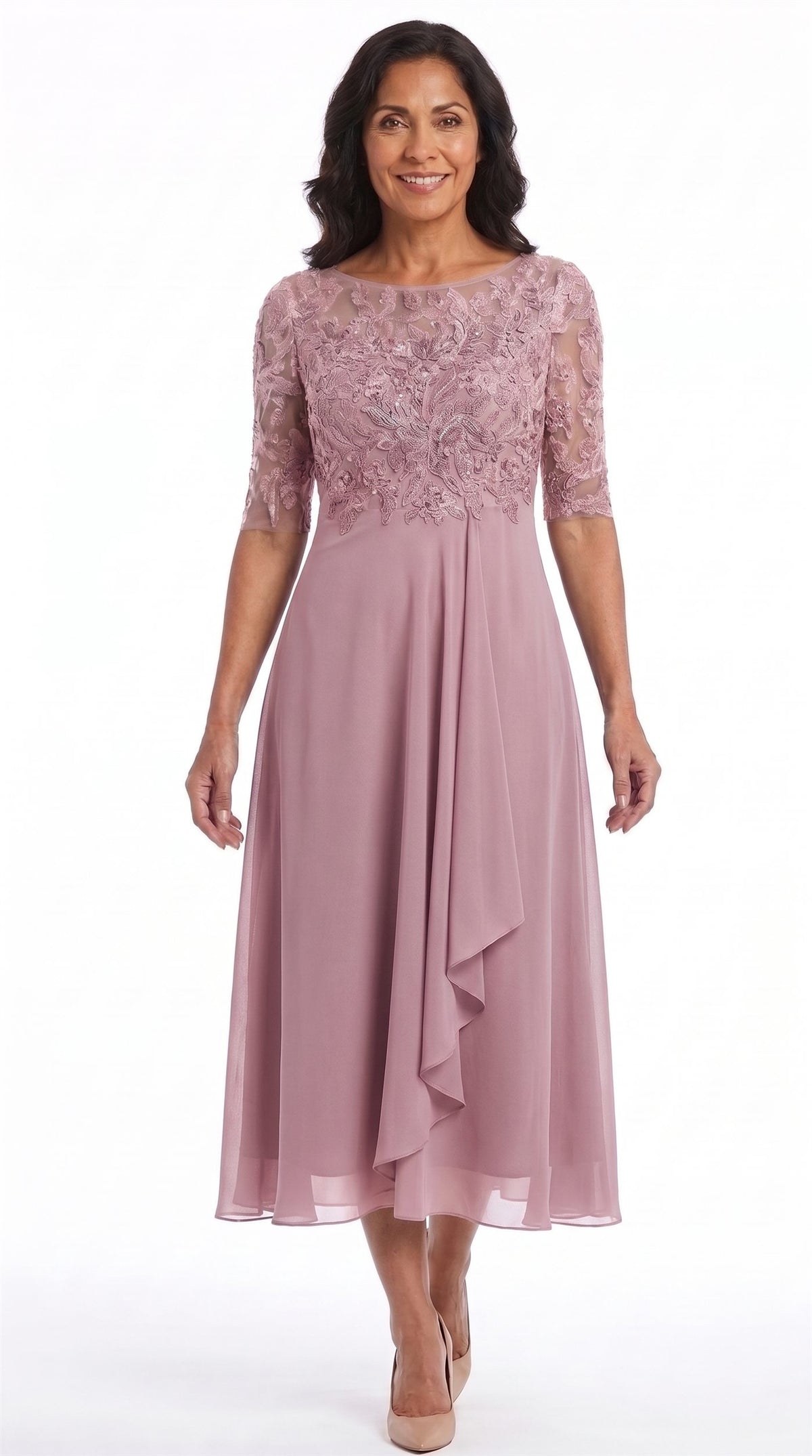 Vestido Celia | Encaje y gasa en rosa palo, de frente