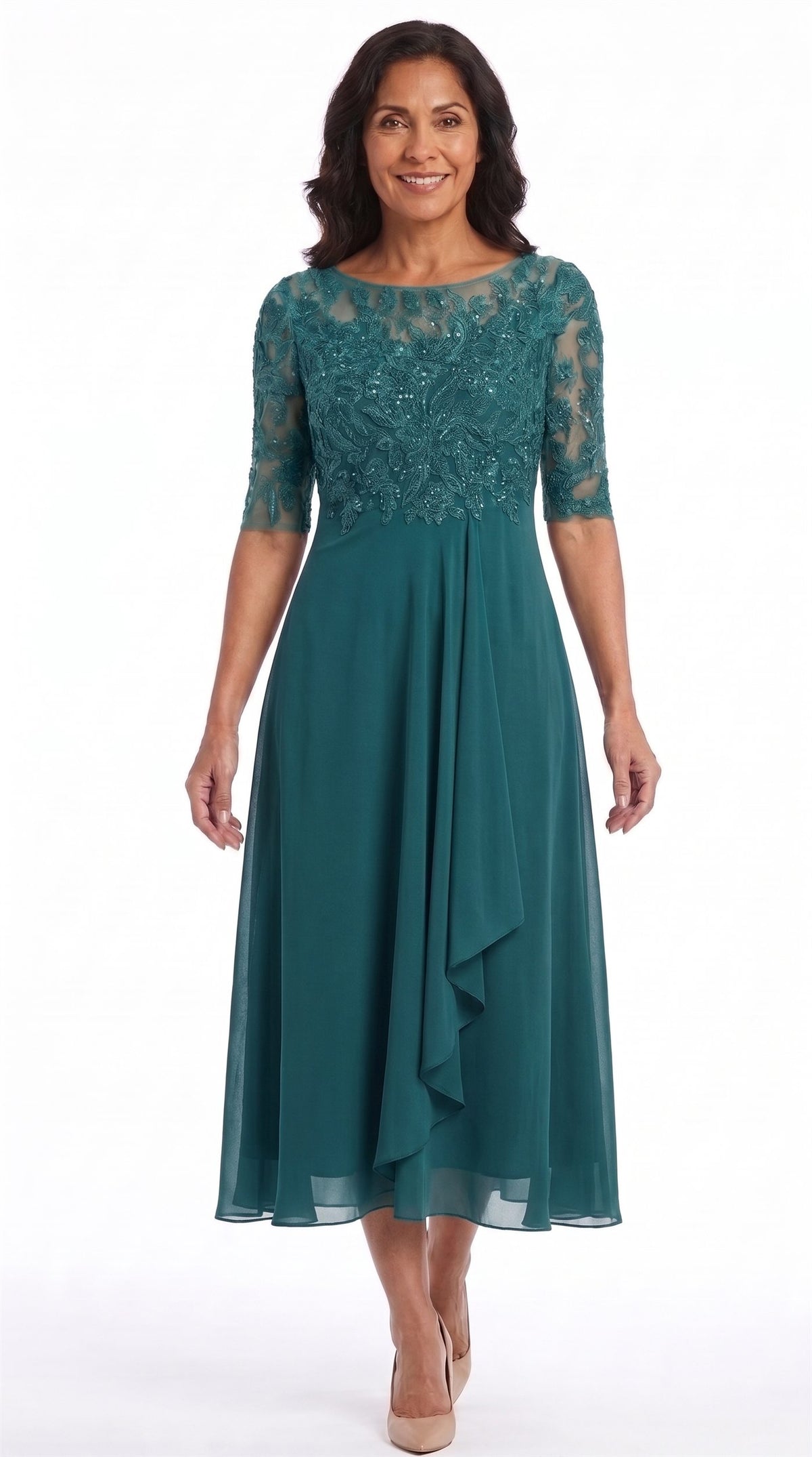 Vestido Celia | Encaje y gasa en verde azulado, de frente