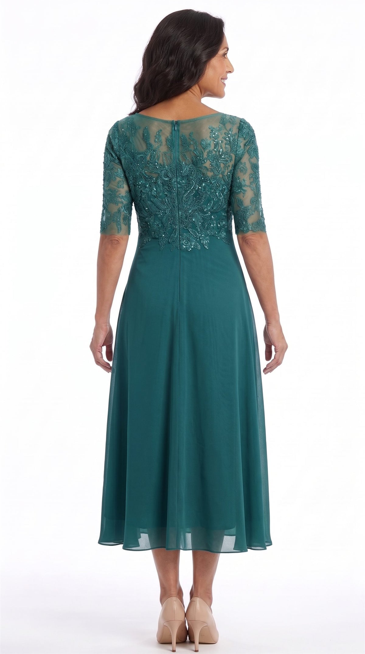 Vestido Celia | Encaje y gasa en verde azulado, de espaldas