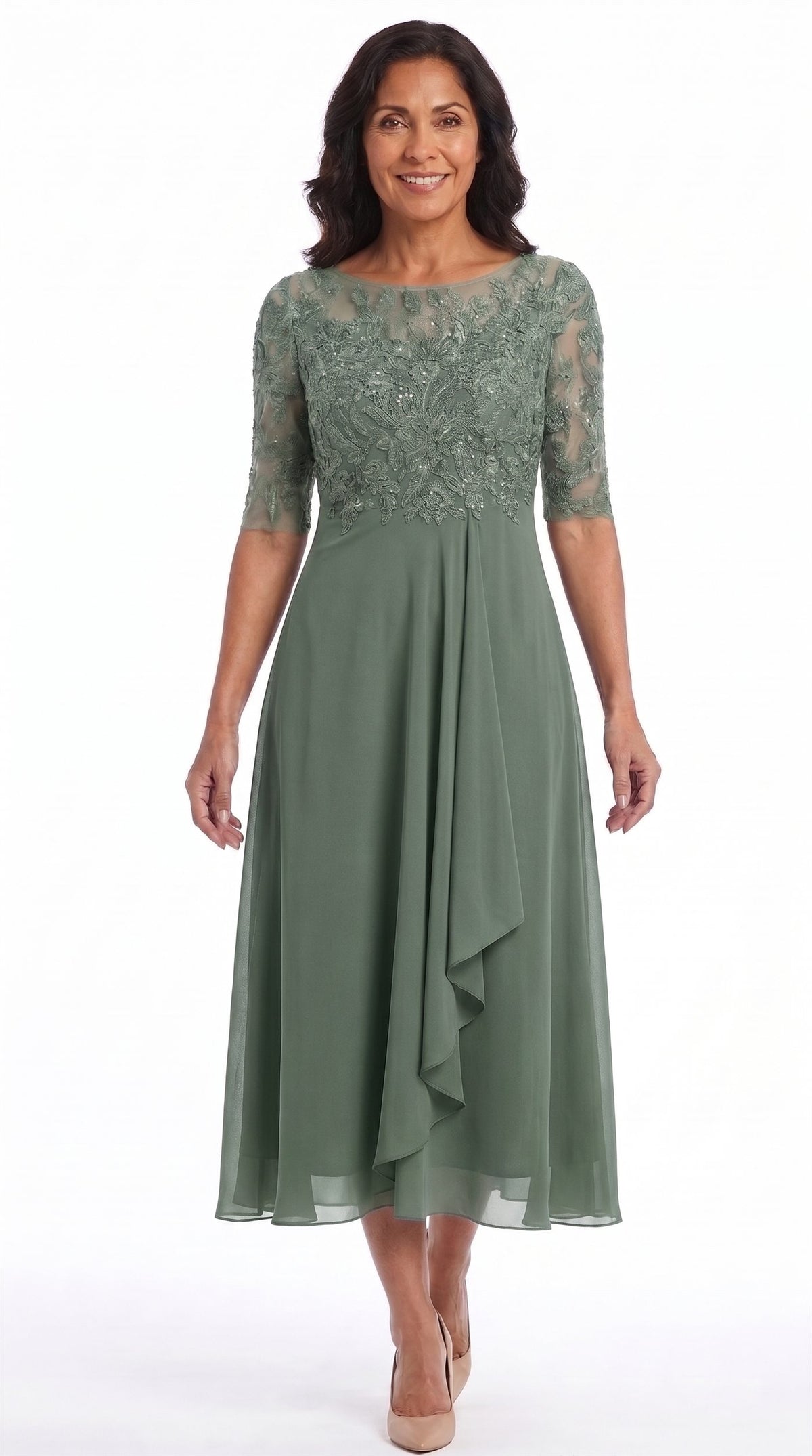 Vestido Celia | Encaje y gasa en verde salvia, de frente